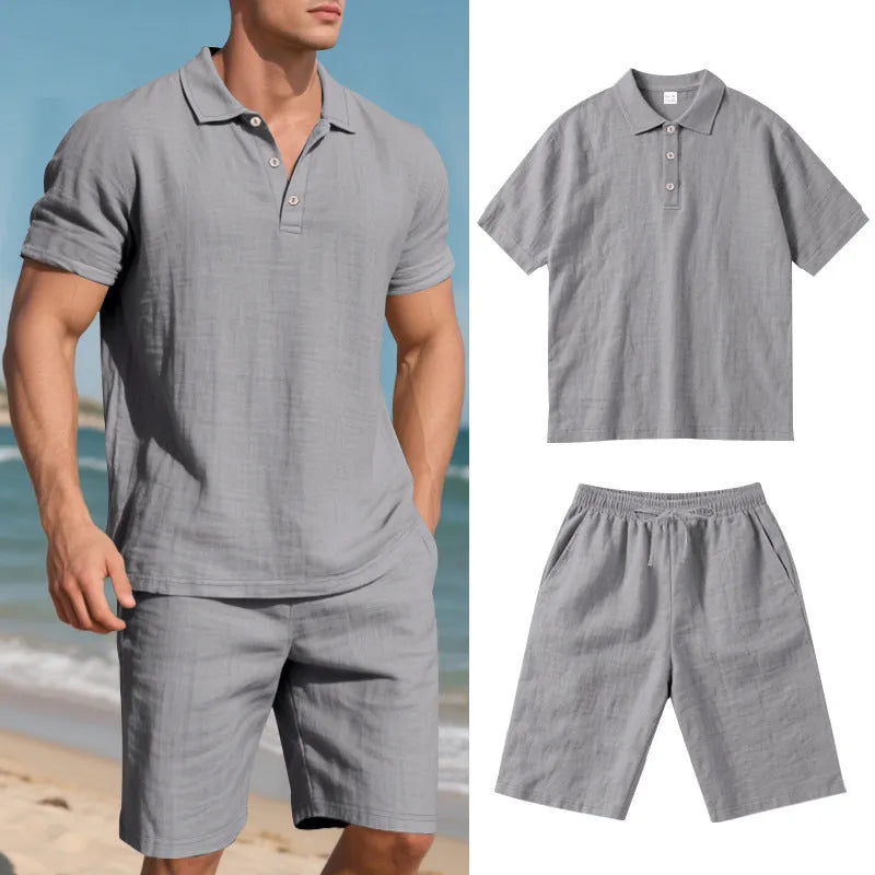 Men's light beige linen blend short sleeve top and shorts set on a hanger, summer casual outfit.
