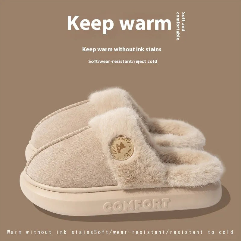 Plush fleece indoor slippers with PVC sole in five colour options showing car stitching detail
