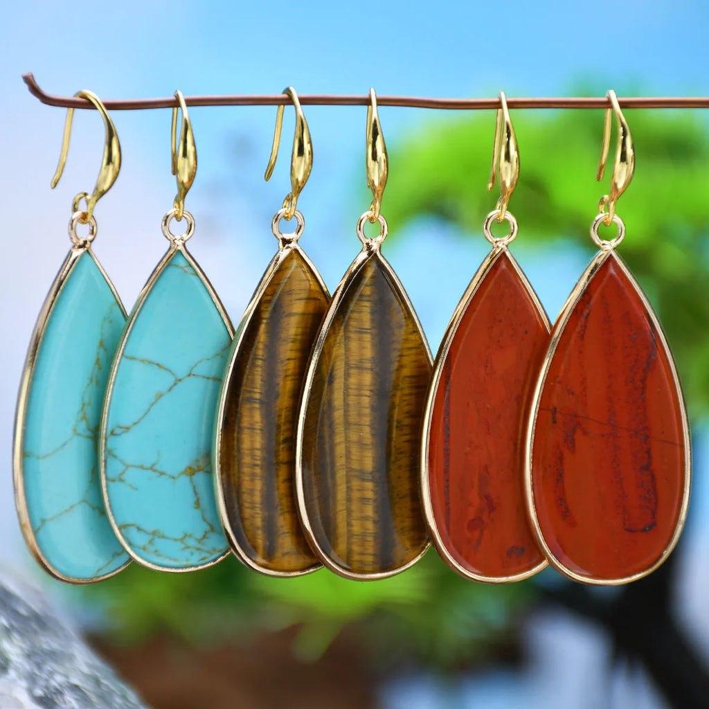 Vintage long water drop earrings handcrafted from Tigereye stone with retro design