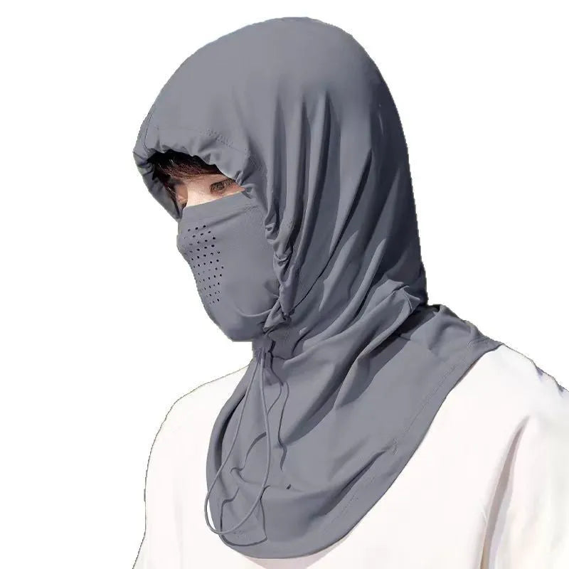 Sun protection ice silk hat scarf neck mask in black, ear-hanging bandana style with nylon fabric