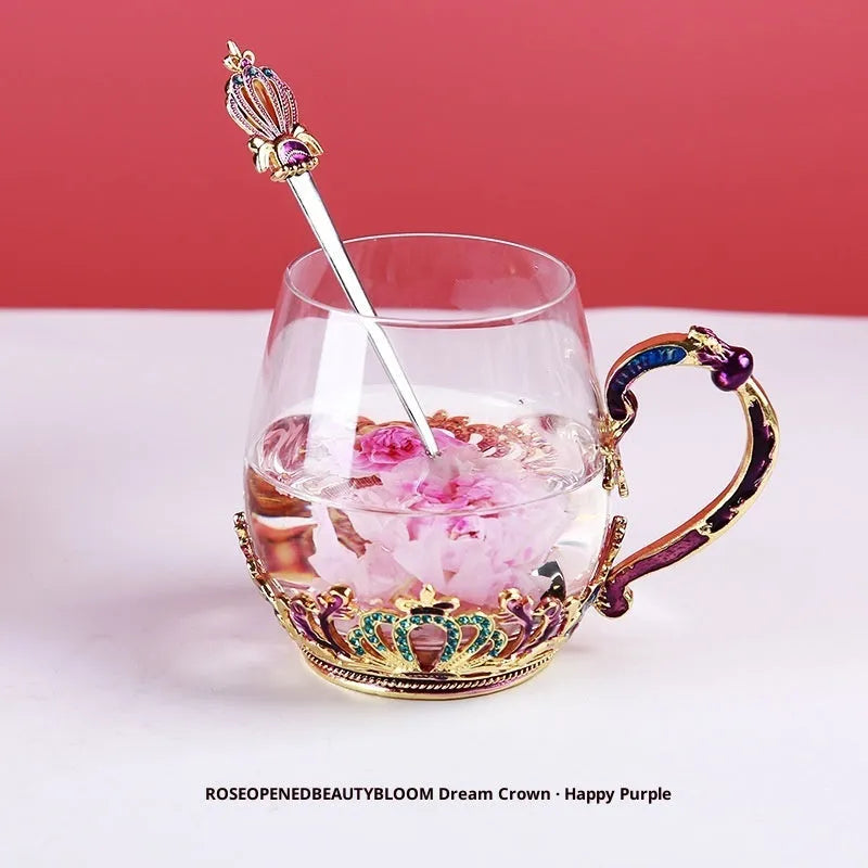 Round heat-resistant glass tea cup with enamel spoon, lid, and plate in solid colour, short cup style