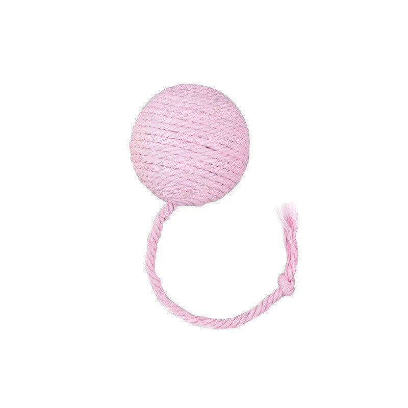 Interactive cat toy ball with rope and internal bell in green, pink, purple and yellow colours