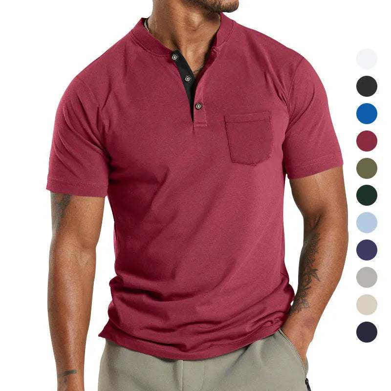 Plus size man wearing a solid colour short sleeve pullover shirt with a button chest pocket.