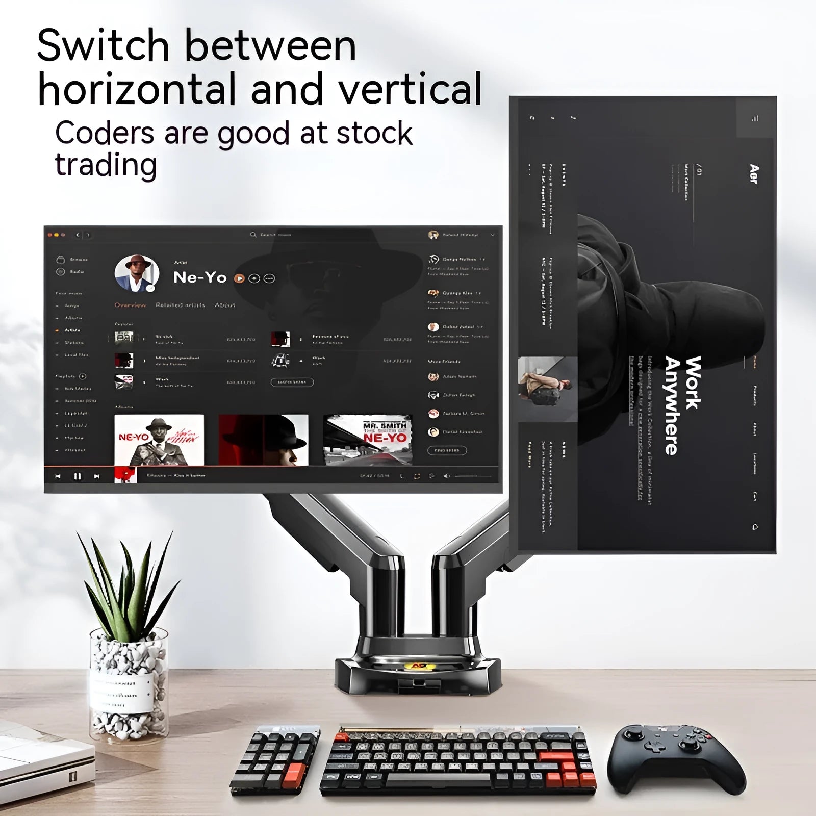 Dual screen lift-type monitor bracket made of silver aluminium alloy and black ABS plastic.