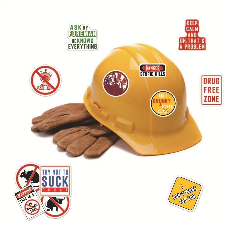 Pack of 50 waterproof warning stickers for helmets and motorcycles with PVC adhesive and bright film coating.