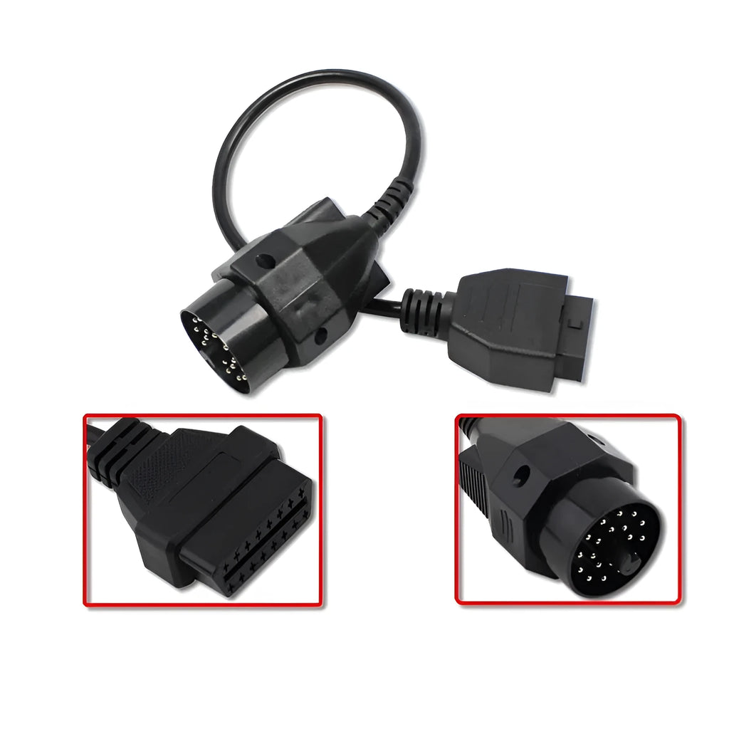 OBD2 BMW 20 pin to 16 pin diagnostic connector adapter cable isolated on white background.