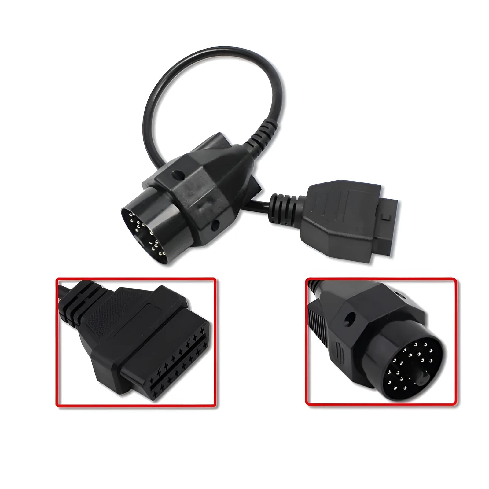 OBD2 BMW 20 pin to 16 pin diagnostic connector adapter cable isolated on white background.