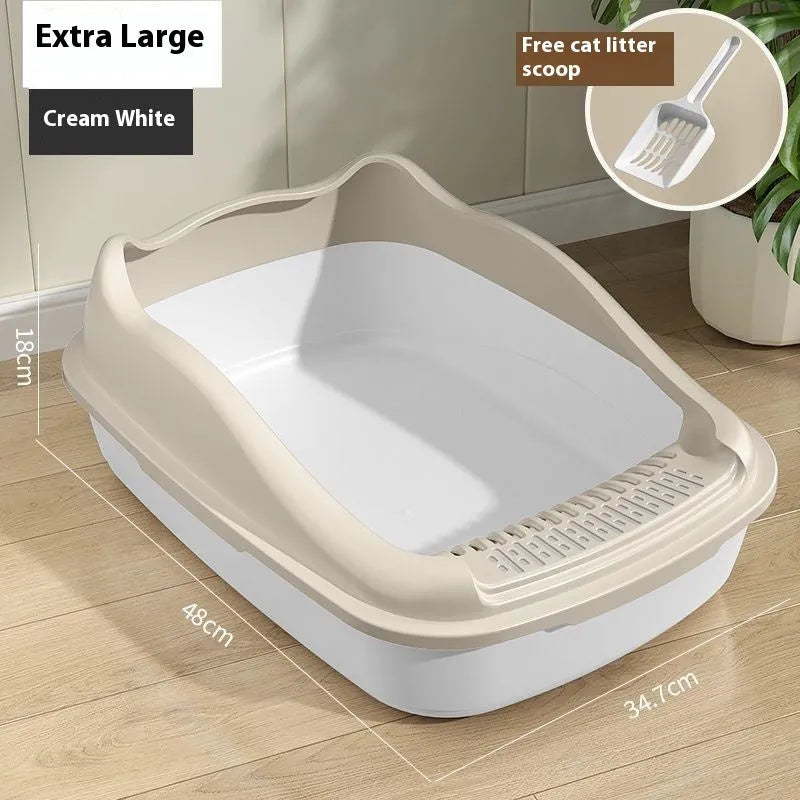 Oversized semi-enclosed cat litter box in cream white, PP material, anti-splash design, extra large size
