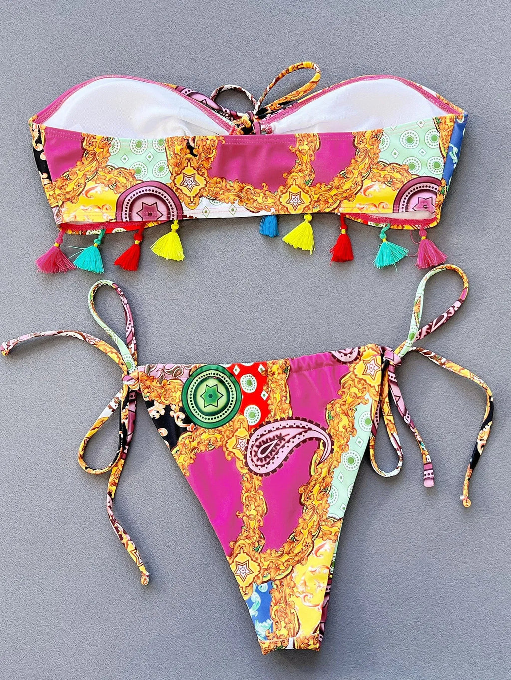 Women's printing colour separated bikini set with tube top and briefs for swimming.