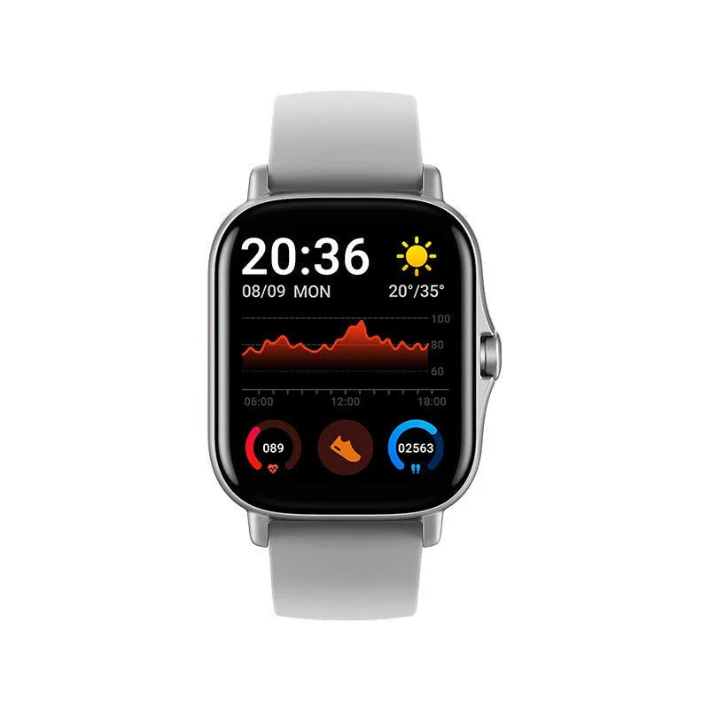 GT20 smartwatch with alloy case and silicone strap displaying health metrics on its screen