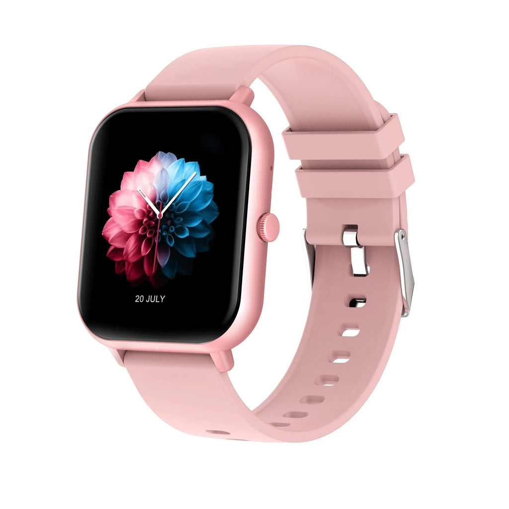 A smart watch with a metal case and wrist strap, showing a TFT screen displaying heart rate data.