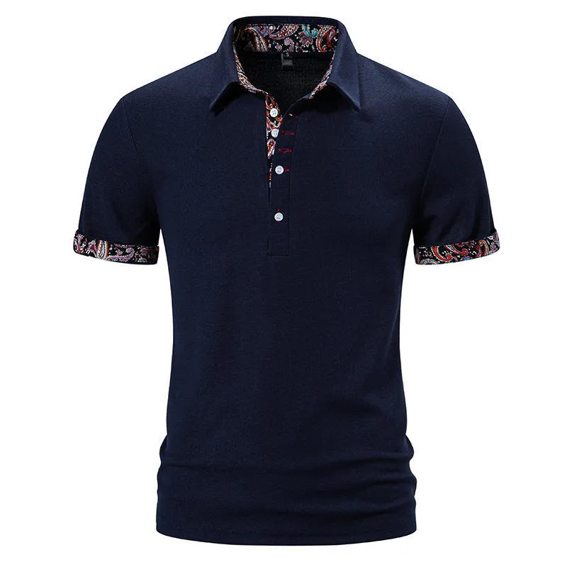 Men's navy blue polo shirt with a turnover collar featuring white contrast stitching and short sleeves.