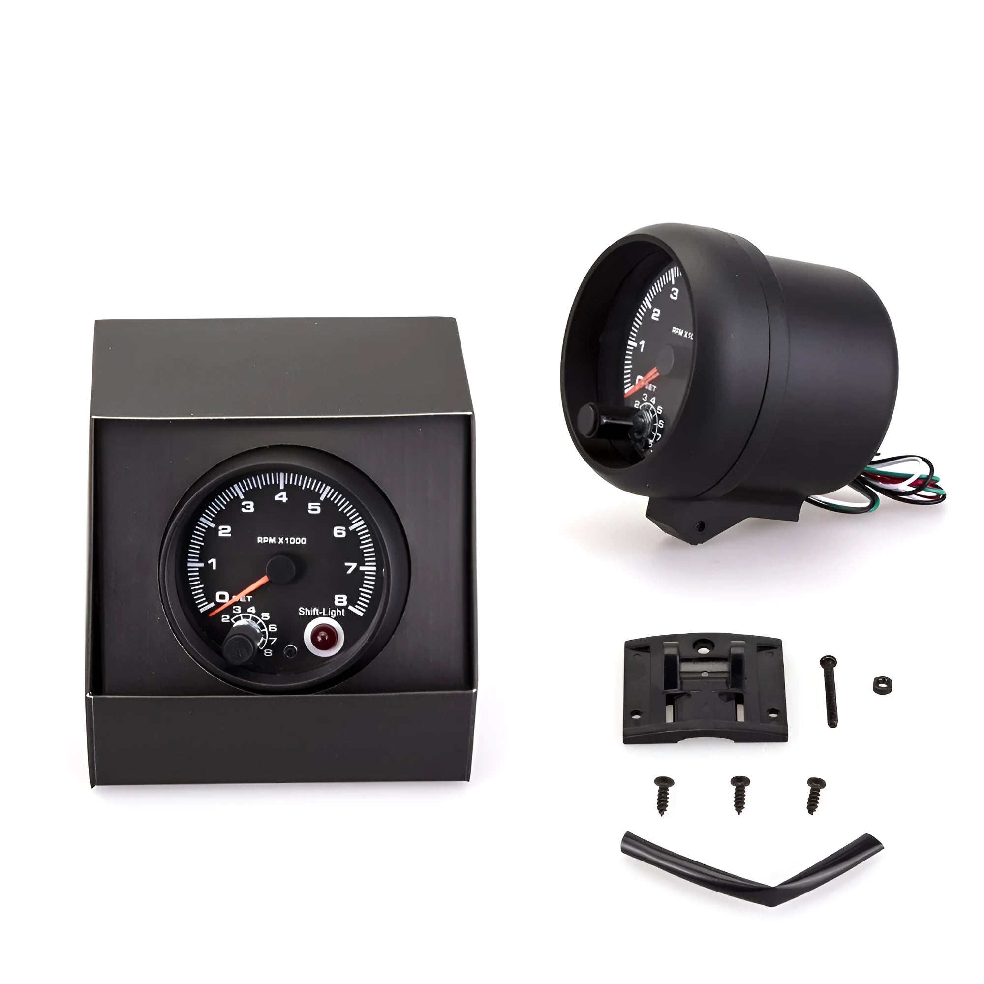 Black automotive tachometer with blue light pointer on a 0-8000 RPM scale