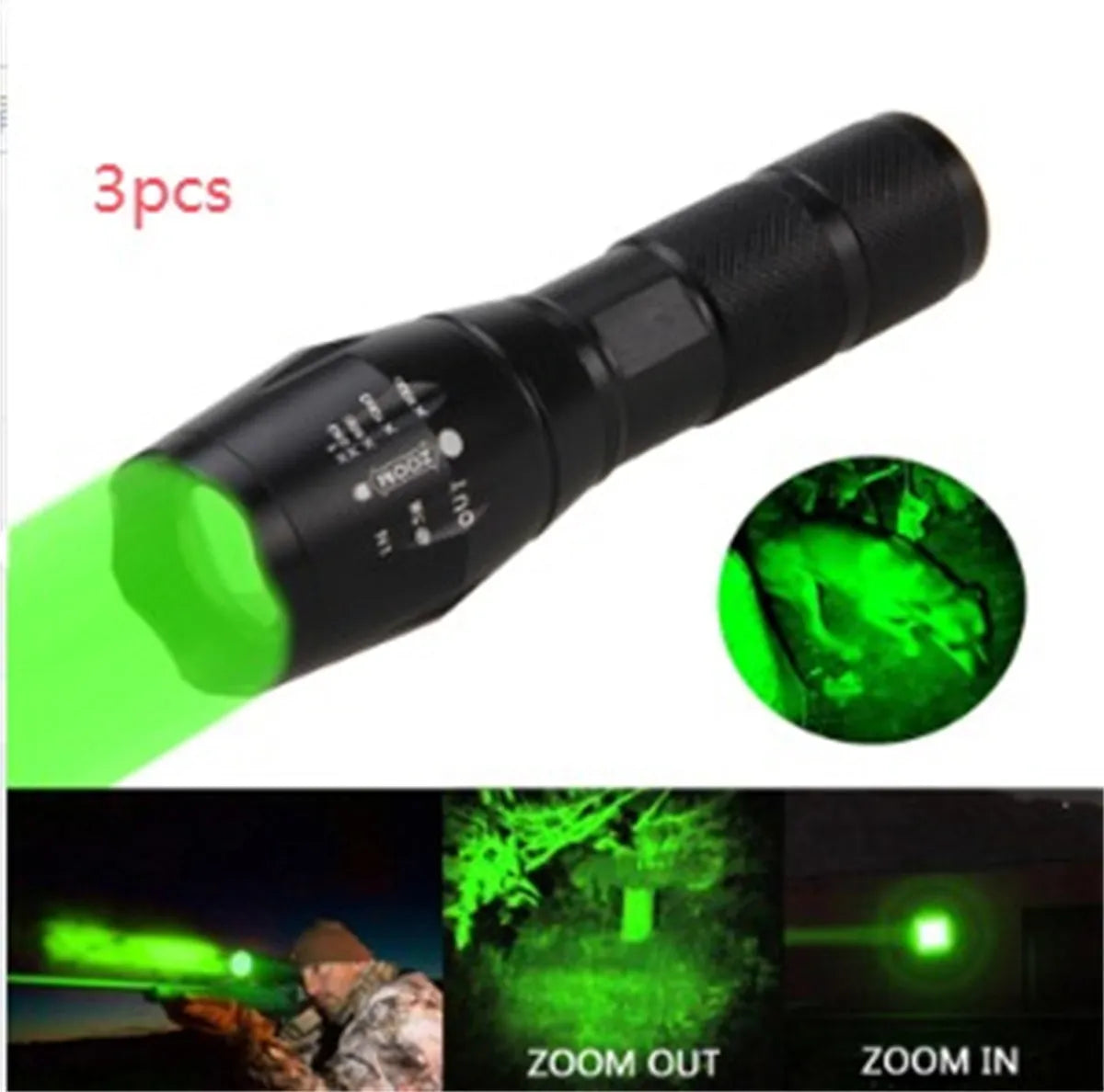 Black aluminum alloy zoom flashlight with adjustable head for focus, shown with beam reaching into distance.