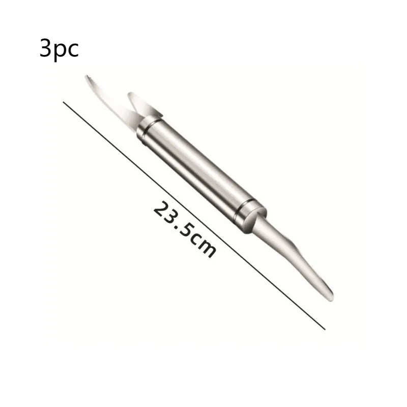 Multifunctional stainless steel shrimp remover with eagle-beak design and double row of blades on a clean surface