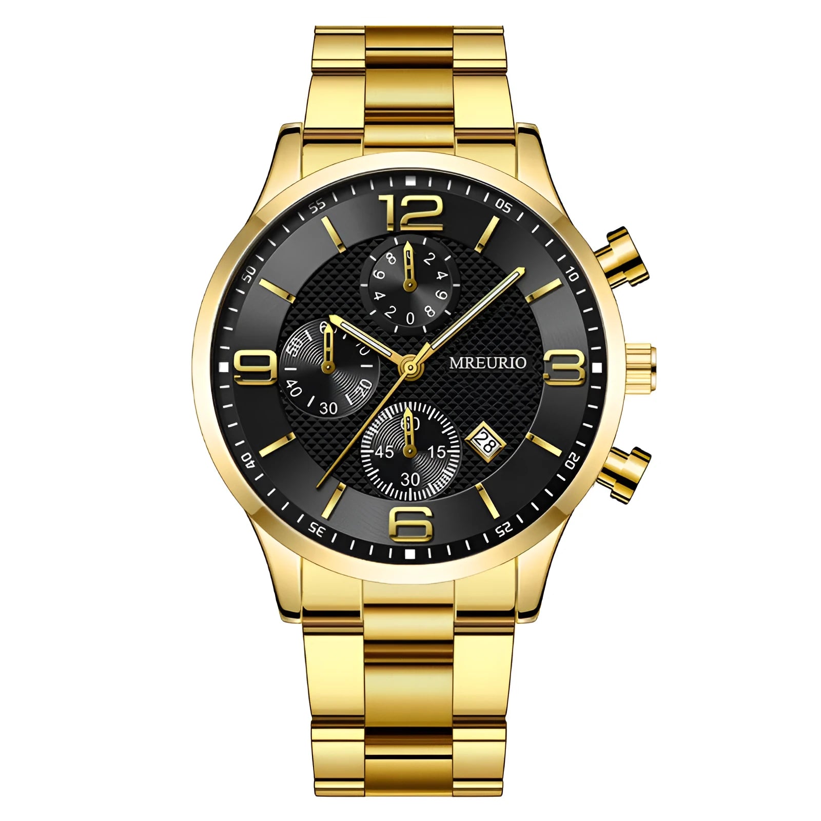 Fashion Numbers men's watch with three-eye calendar chronograph, black dial, silver hands, leather strap