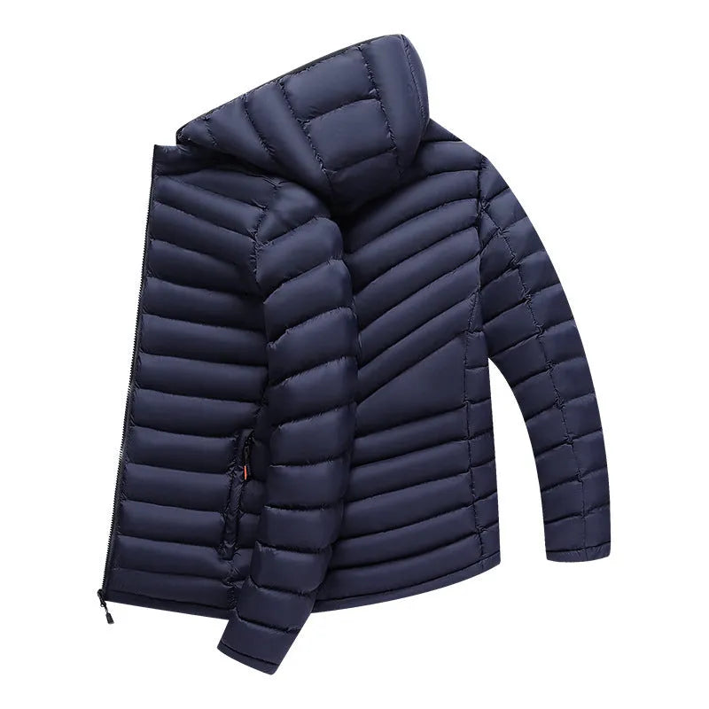 Men's lightweight hooded down jacket in army green with detachable collar and zipper pockets