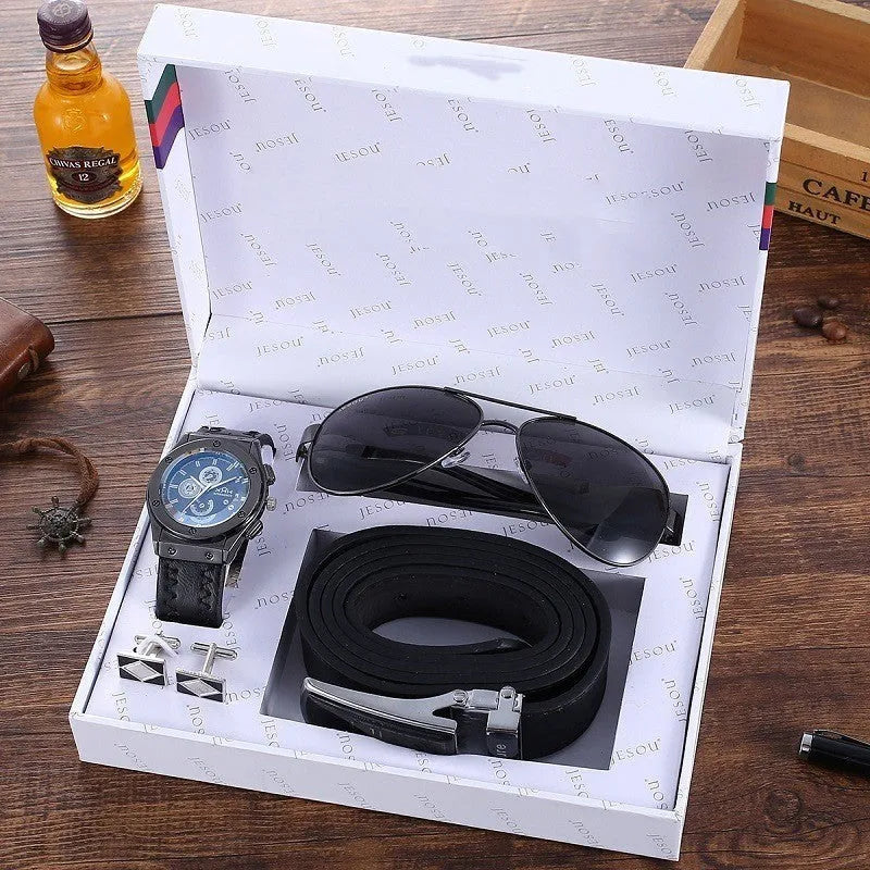 Business gift set for men with belt, wallet, quartz watch with leather strap, and pen in box