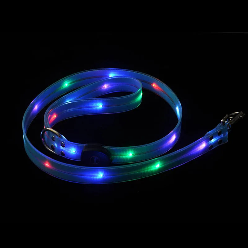 Bright orange luminous PVC dog lead and adjustable collar set shown coiled, 120cm long.