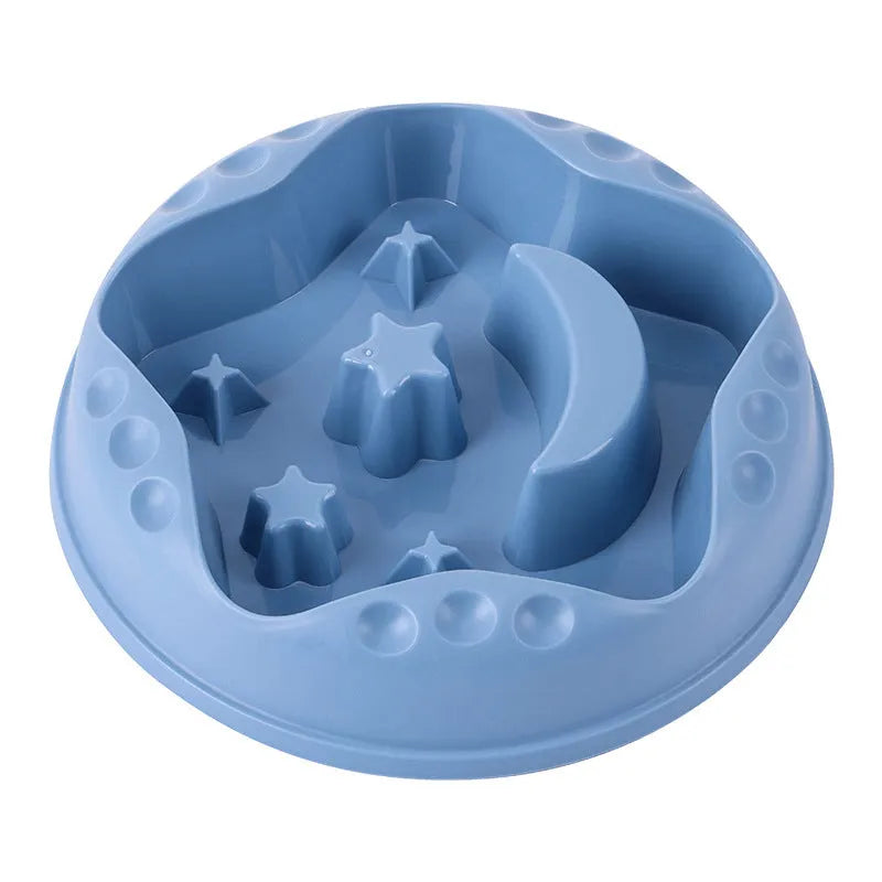 Moon Star Wings slow feeder dog bowl in blue colour with raised obstacles and anti-slip base.
