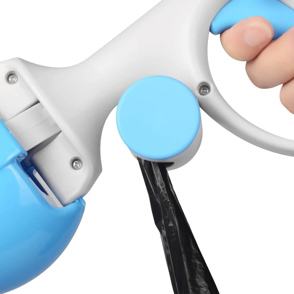 A blue plastic pet pooper scooper with a built-in holder for a roll of waste bags.