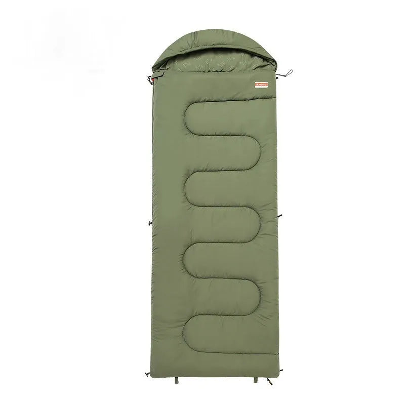 Ultra-light cotton sleeping bag quilt in ochre and olive green colours for camping