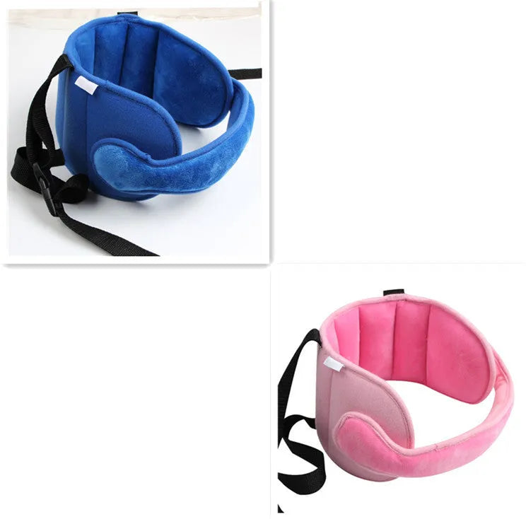Child car seat head support in blue with hook and loop neck strap and rear waistband