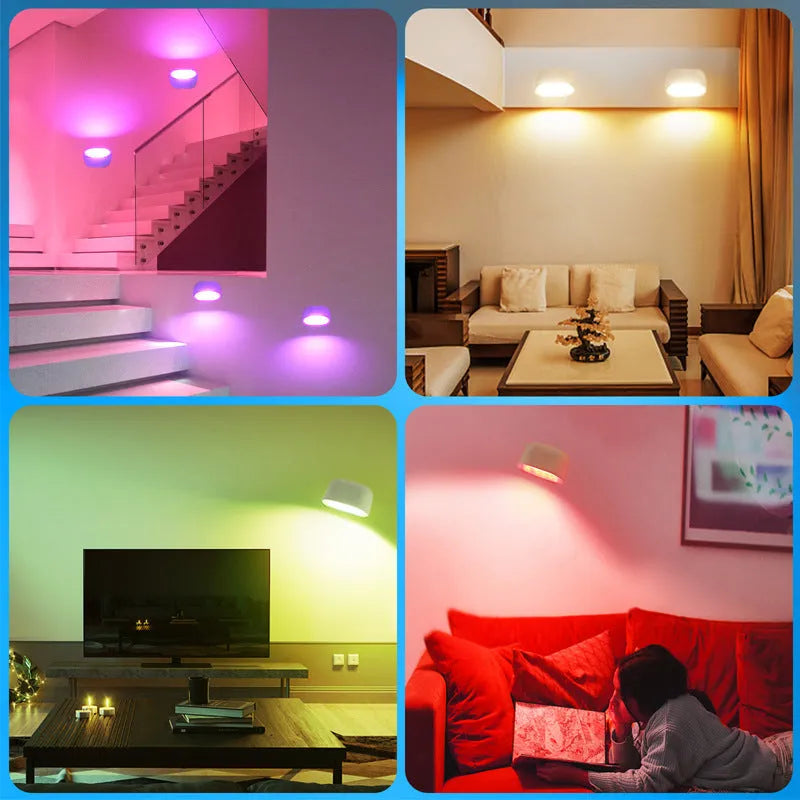 Oval white magnetic wall lamp with remote control showing colour changing functions