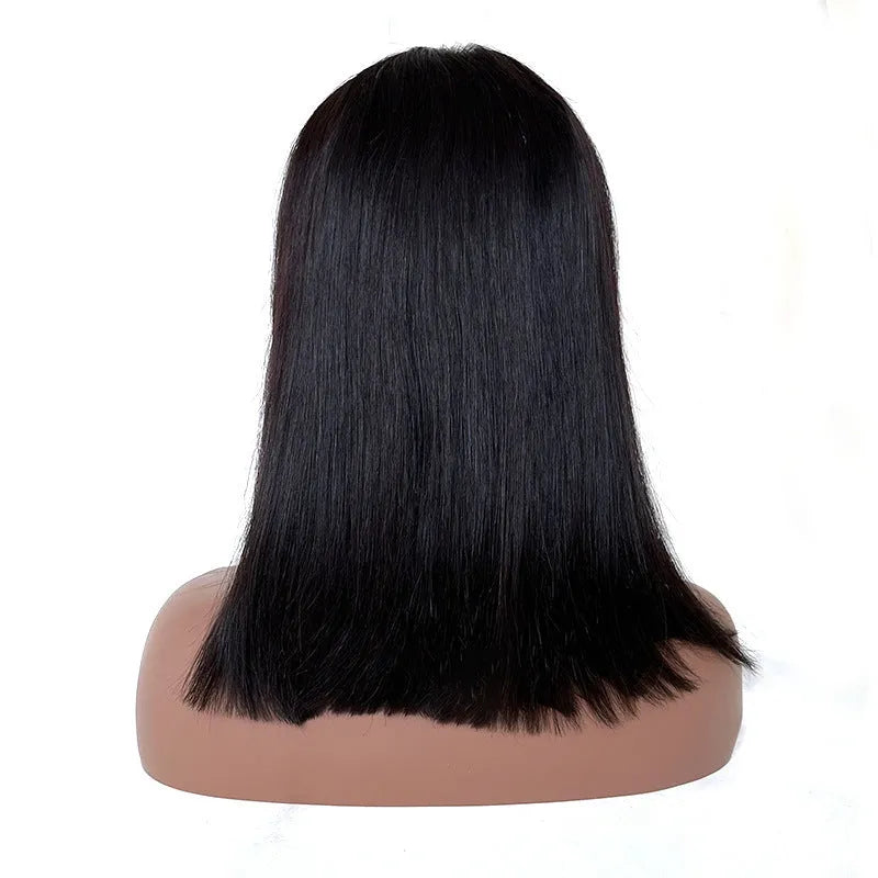 Real human hair silk wig in 1B natural black, 16 inch length, on stand