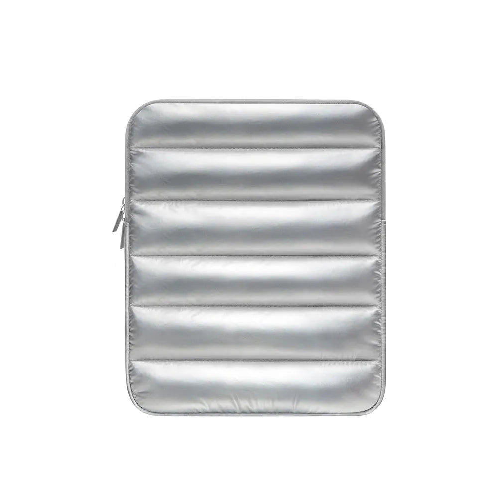 Fluffy padded laptop sleeve case for 9.7 to 11 inch devices in black, khaki, and silver colours.