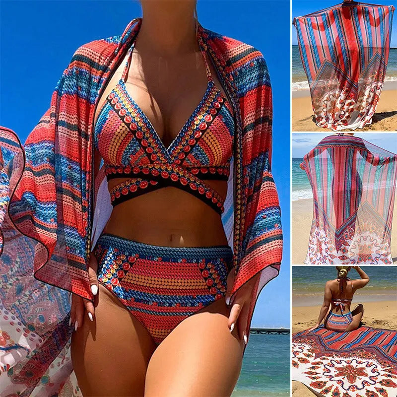 Women's three-piece swimsuit set with a cutout sleeveless top, high-waist briefs, and a matching coat.