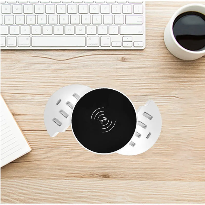 Circular white multi-port wireless charger with USB ports and international plug adapters