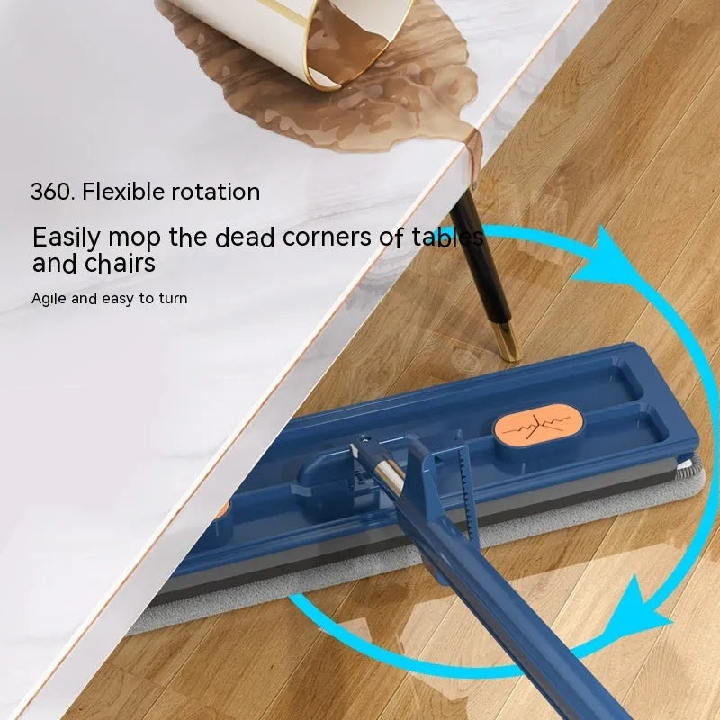 Large flat mop with long stainless steel handle and blue/white cloths on a hard floor.