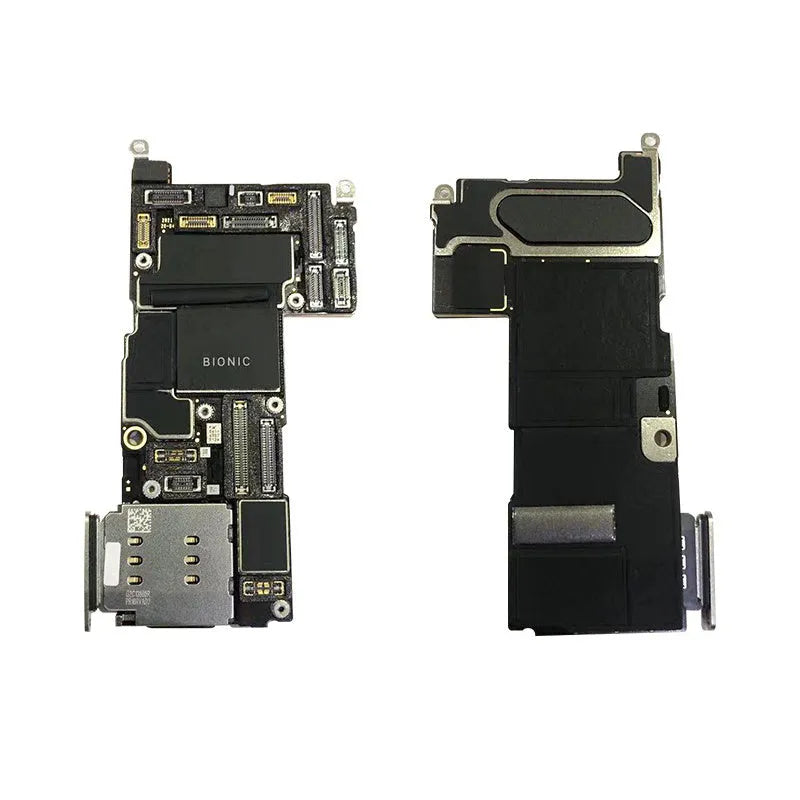 Silver-coloured Apple iPhone logic board spare part for iPhone 12 series phones.