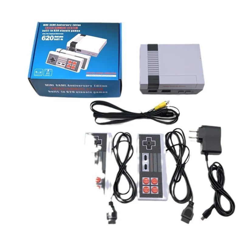Retro NES game console with two controllers showing compact design and AV connectivity ports