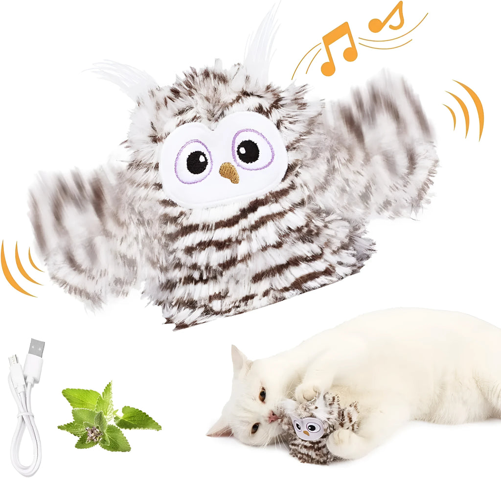 Grey automatic owl cat toy with flapping wings on a plain background
