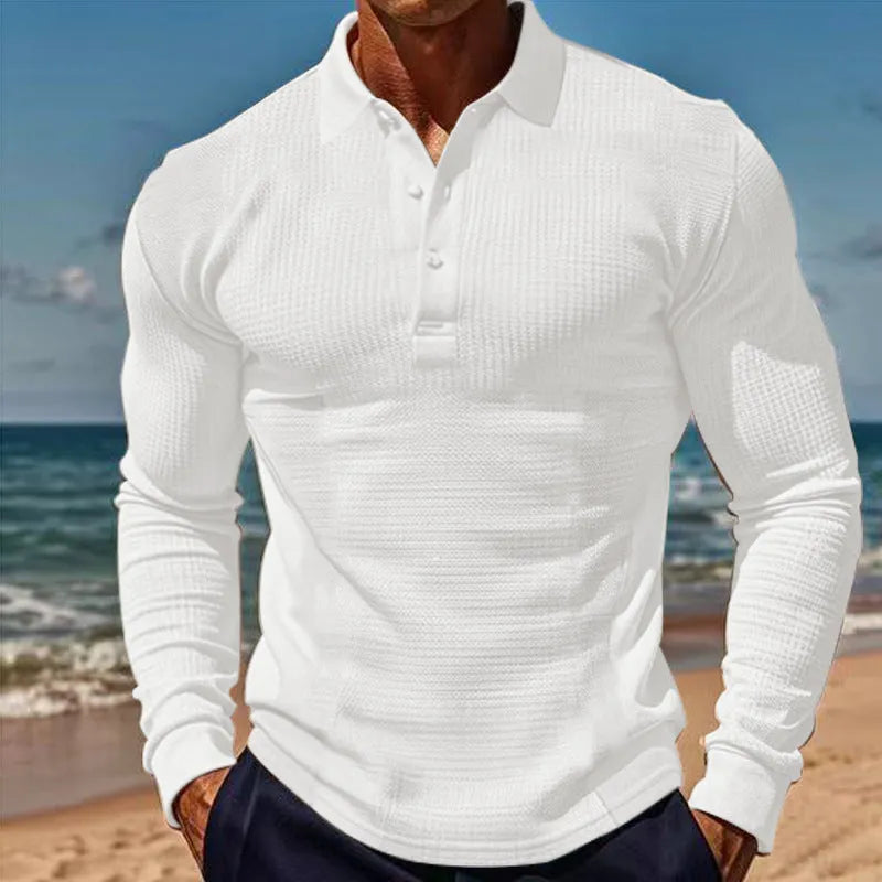 American men's waffle polo collar button long sleeve slim-fit T-shirt in solid colour white on model