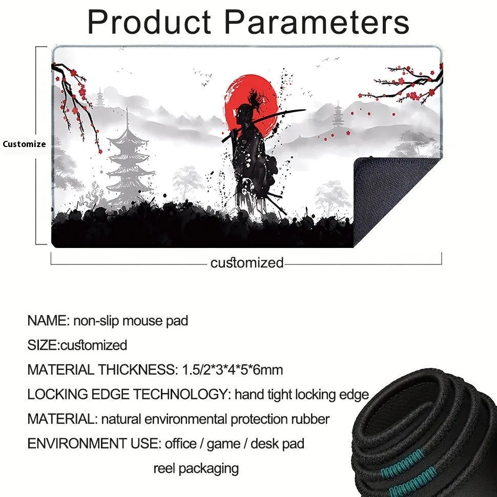 Japanese Samurai design gaming mouse pad on a desk, showing cloth surface and non-slip base.