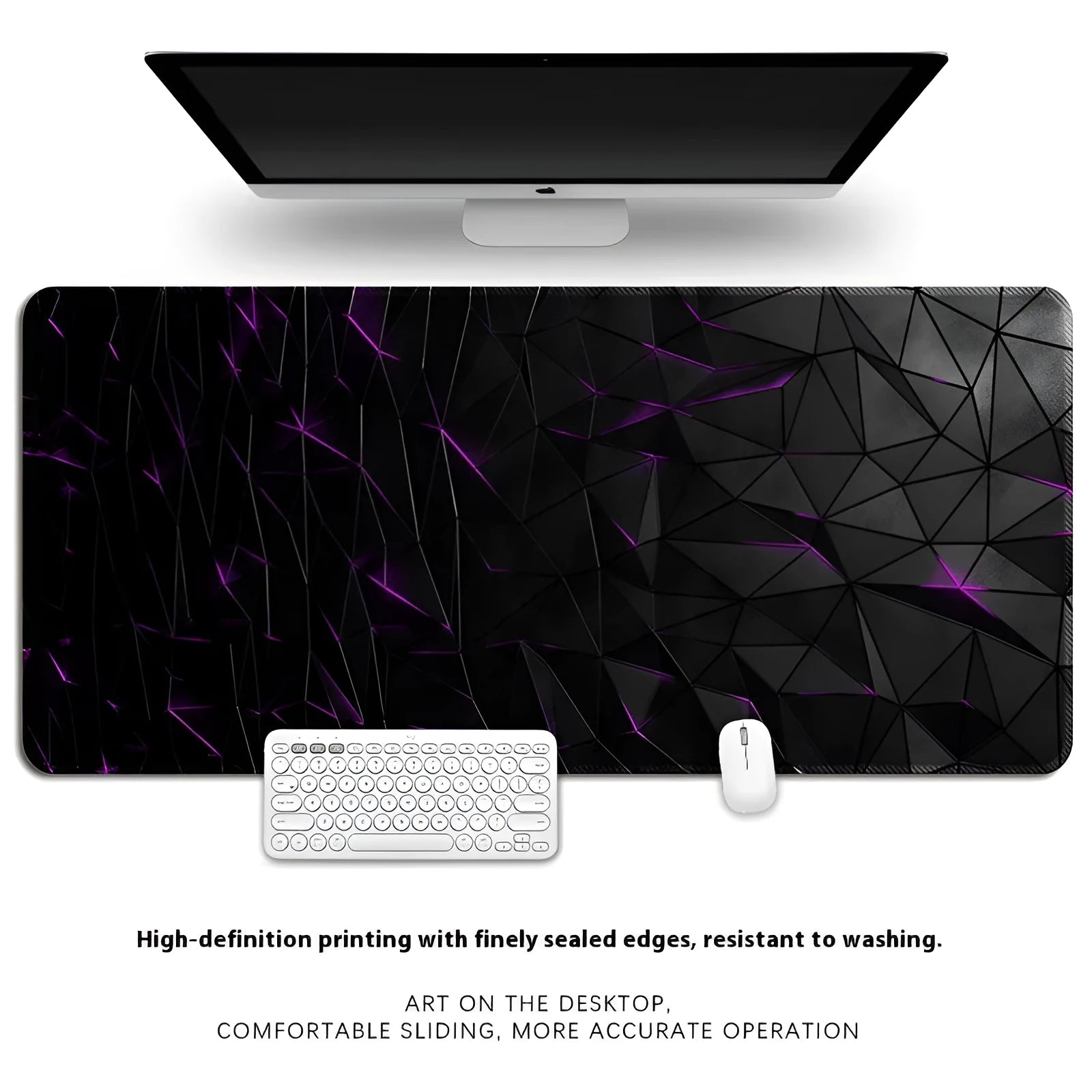 Natural rubber computer desk mat with printed pattern and overlock edge, shown on a wooden desk.