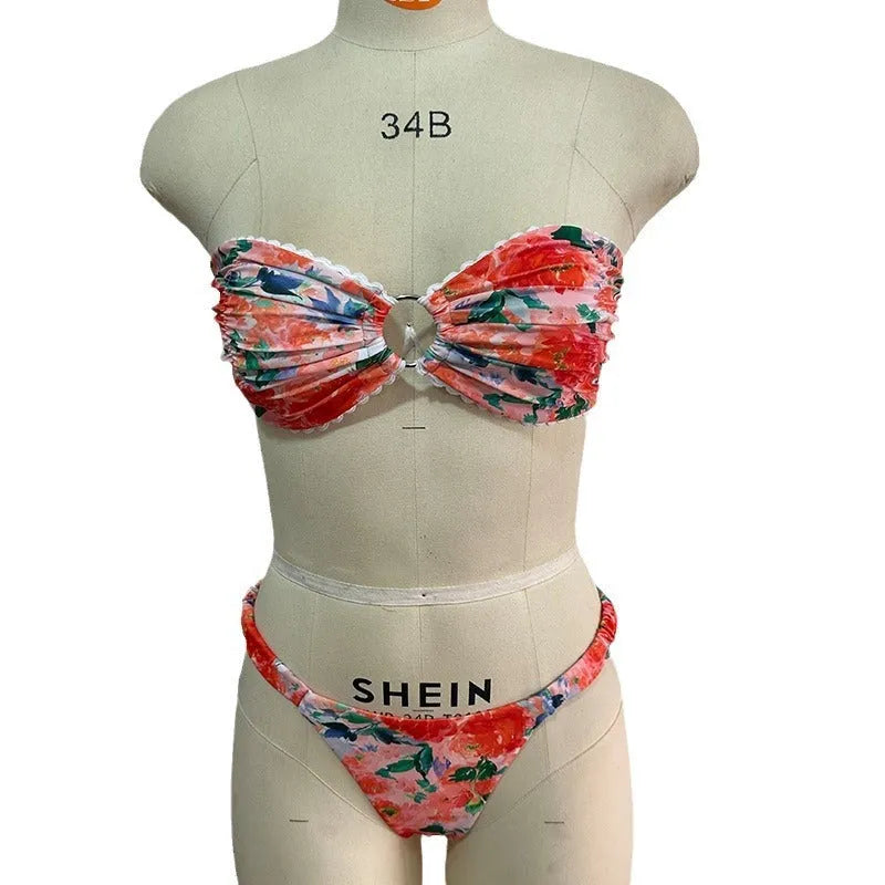 Women's tube top bikini swimsuit with lace detailing in floral print