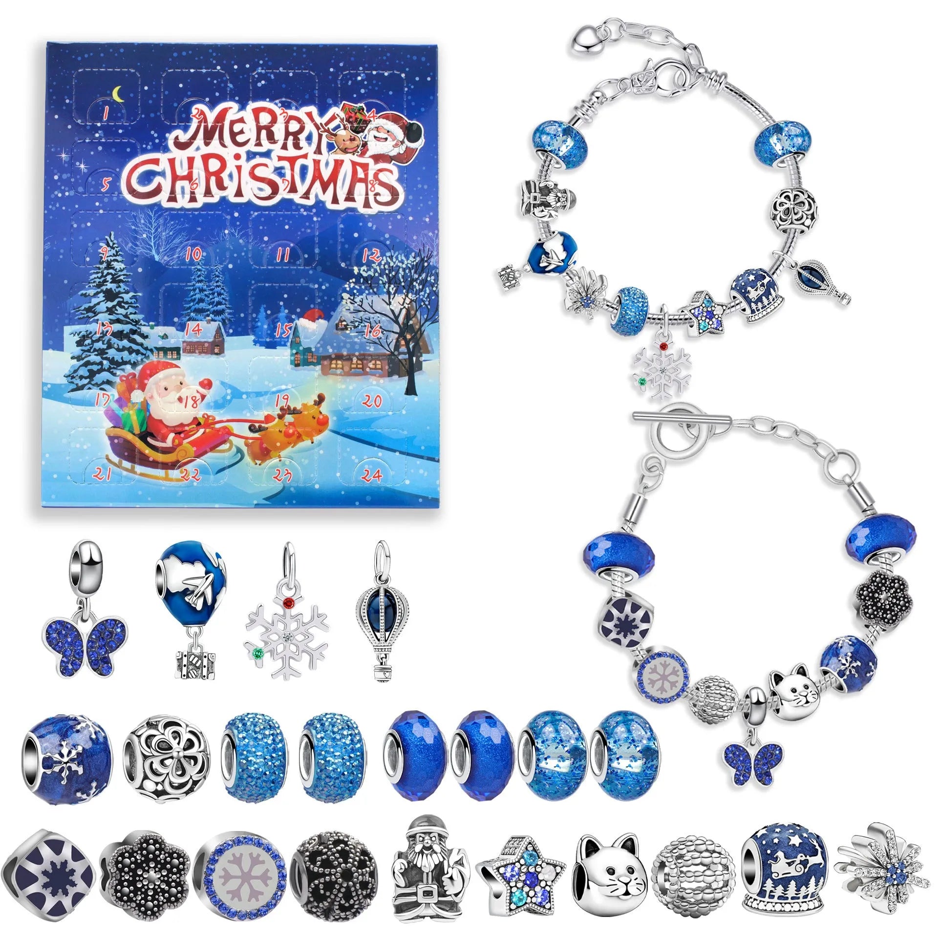 24 grid Christmas advent calendar countdown set with zinc alloy frame electroplated finish and bracelet blind box in flip vertical blue