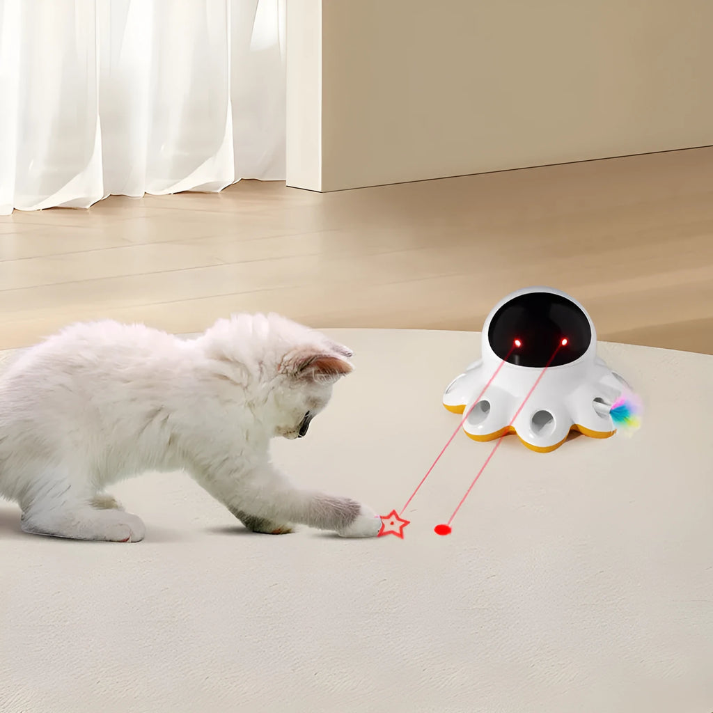 Automatic electric cat teaser toy with shiny spinning feathers in colourful plastic housing