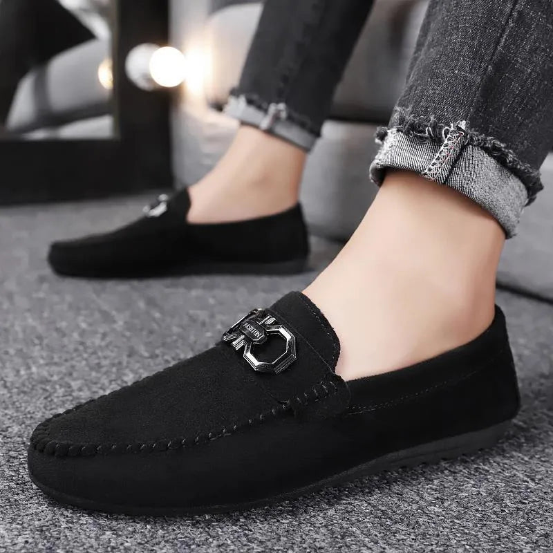 Men's black and grey suede casual shoes with breathable design and rubber soles