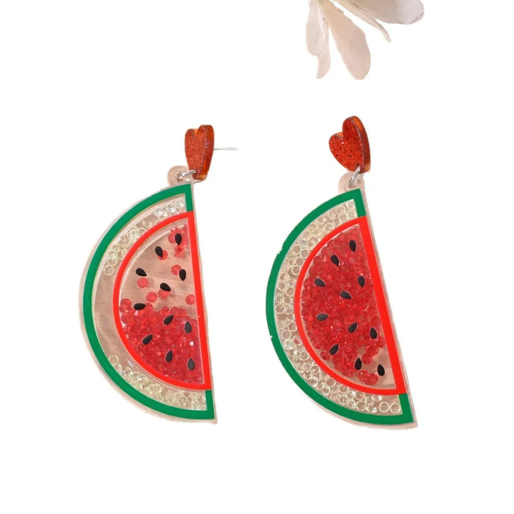 Colourful acrylic earrings with fruit and dessert designs including cherry, strawberry and watermelon shapes