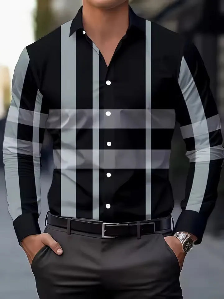 Men's striped long sleeve shirt with button lapel collar in polyester fabric