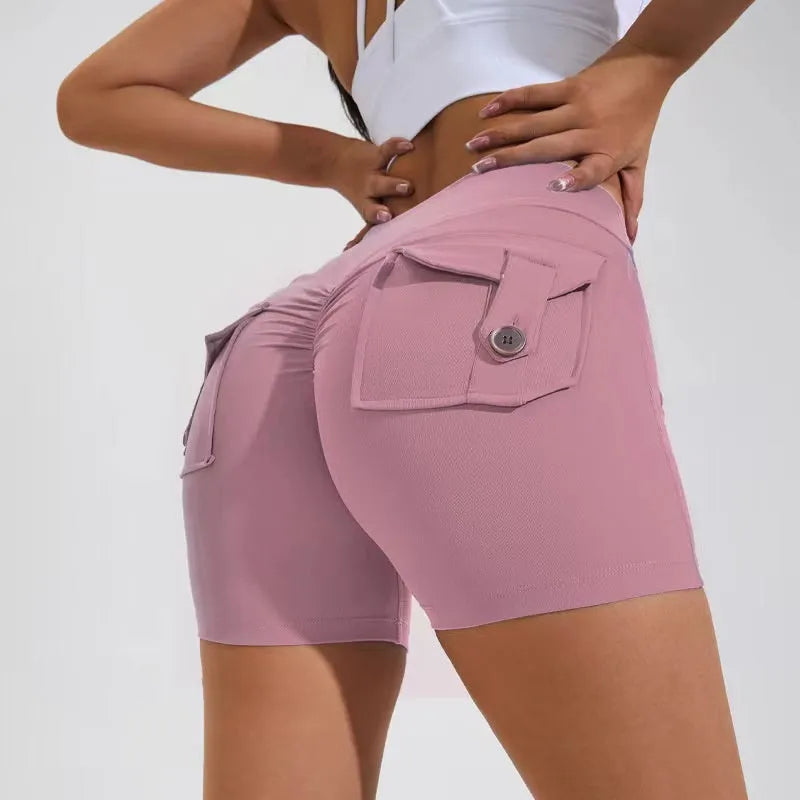 Women's high waist hip lifting shorts with side pockets in quick-dry nylon fabric