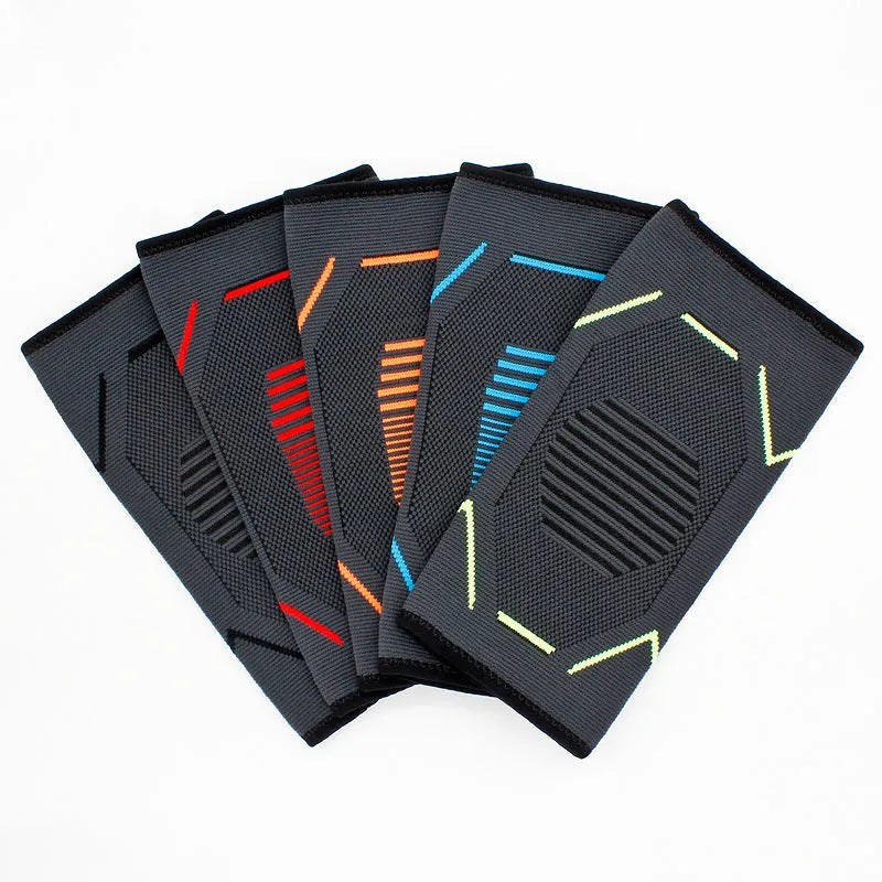 Fitness running cycling elbow pads protective gear with black stripes on gray background