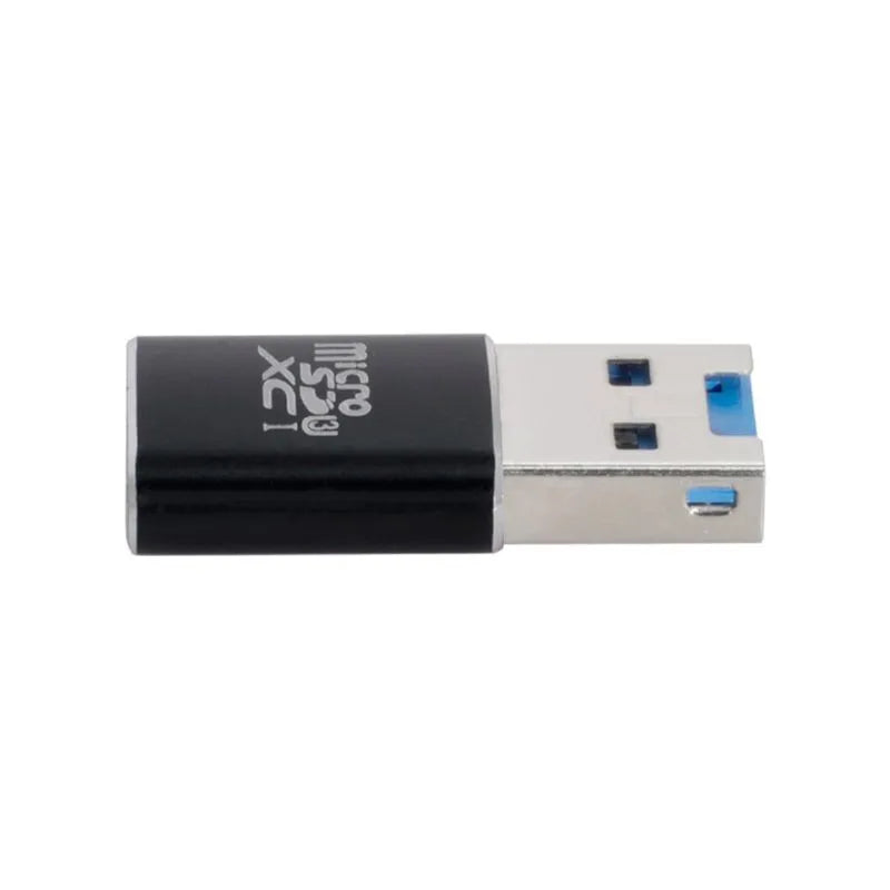 Black USB 3.0 card reader for Micro SD and T-Flash memory cards on a white background.