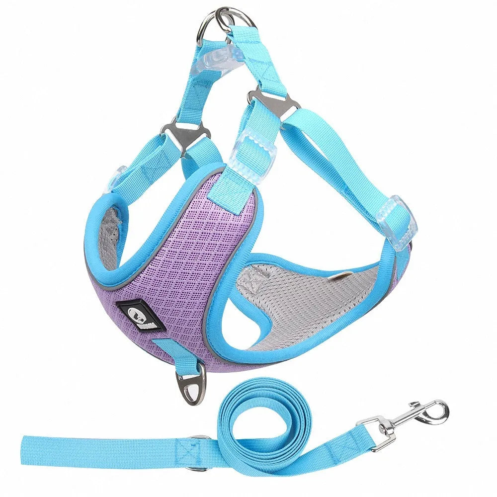 Breathable mesh dog harness with reflective piping in black, red, gray, or light purple for small medium pets