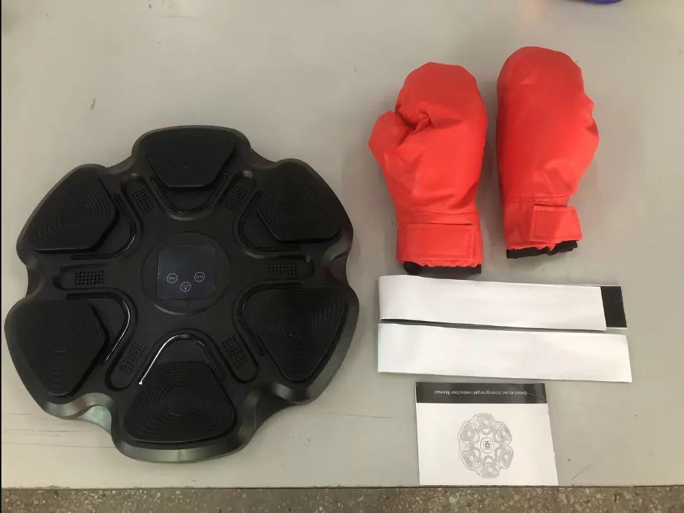Smart music boxing machine wall target with electronic lights and focus gloves for home training.